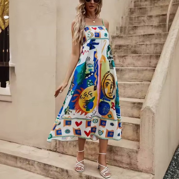 Nu Shuz Key West Colorful Printed Women’s‎ Blue Sunshine Maxi Dress - Picture 3 of 7